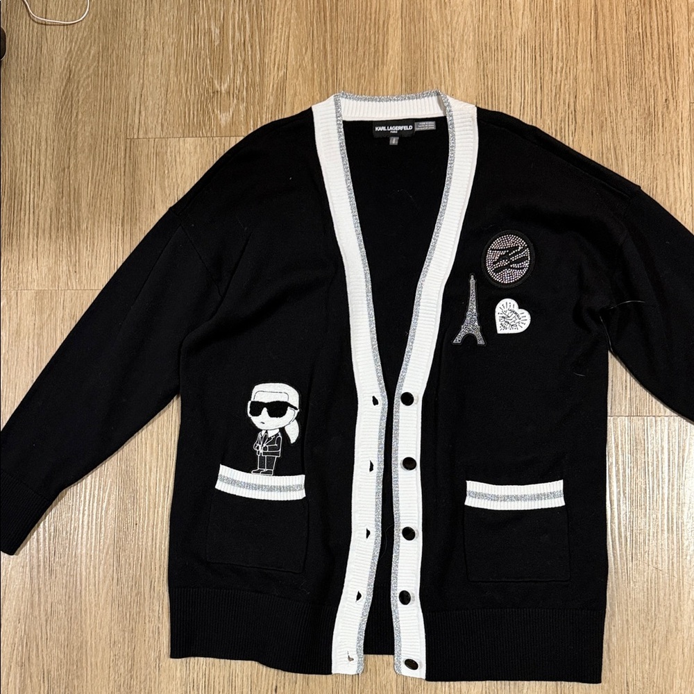 Karl Lagerfeld Black Contrast-Trim Cardigan Sweater